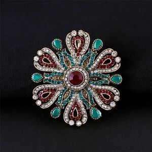 Baroque Flower Red, Green & Clear Rhinestones Round Brooch Sparkle Gold Tone